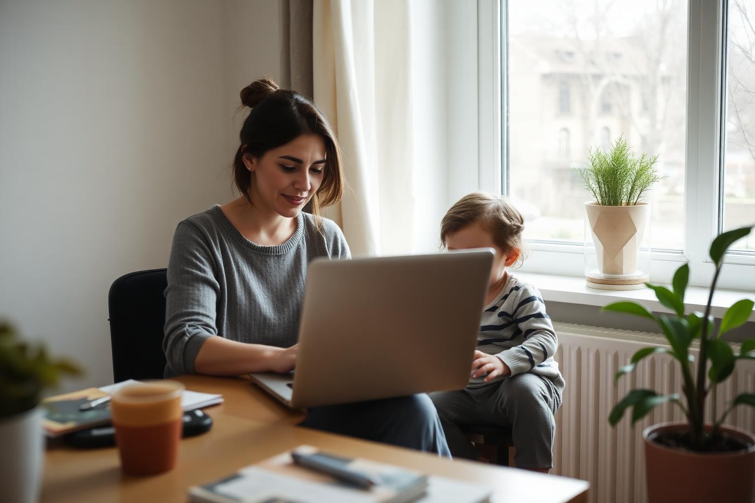 Une jeune maman travaillant depuis chez elle